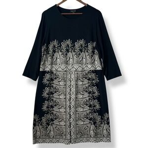 J. Jill Wearever Collection L Dress Black Gray Paisley Rayon Stretch Artsy Chic